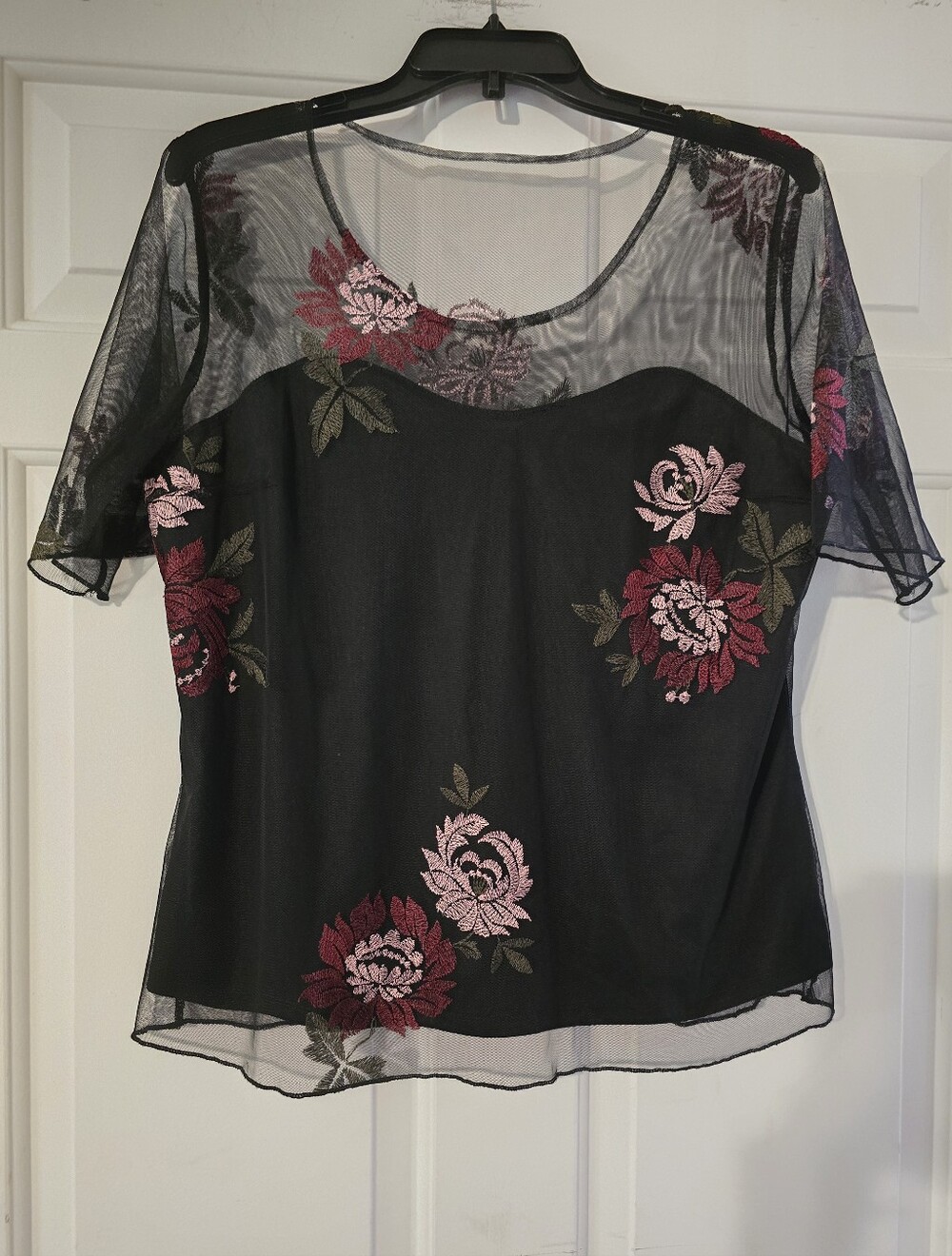 Chenault Sheer Black Floral Embroidered Women’s Top - Short Sleeve